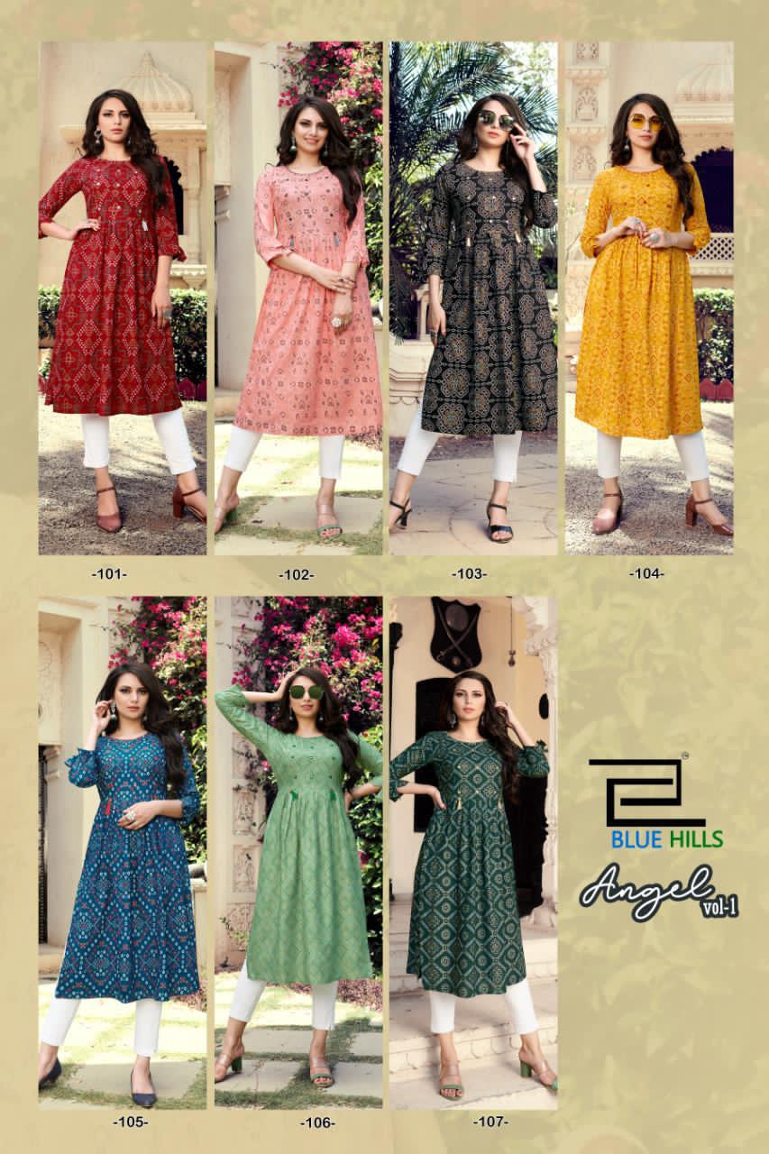 Blue Hills Angel 1 Latest Fancy Designer Ethnic Wear Rayon Printed Kurti Collection
